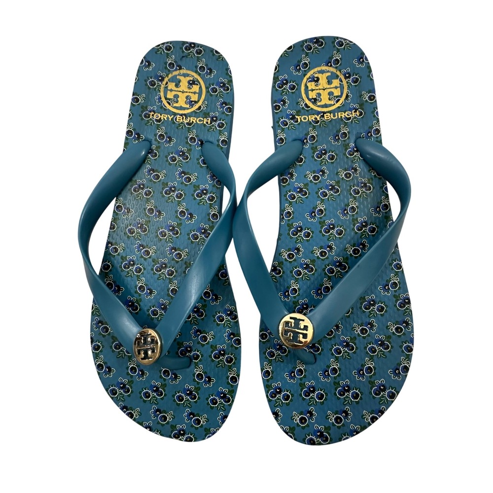 Tory Burch Teal Blue Blueberry Floral Flip Flop Gold Logo Medallion 10.5"